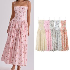 House style, wholesale export, French fresh and gentle vacation style floral maxi dress with waist-cinching suspenders