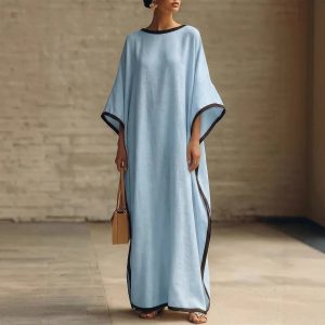 European and American style cross-border women's retro elegant round neck loose batwing sleeve long robe casual dress