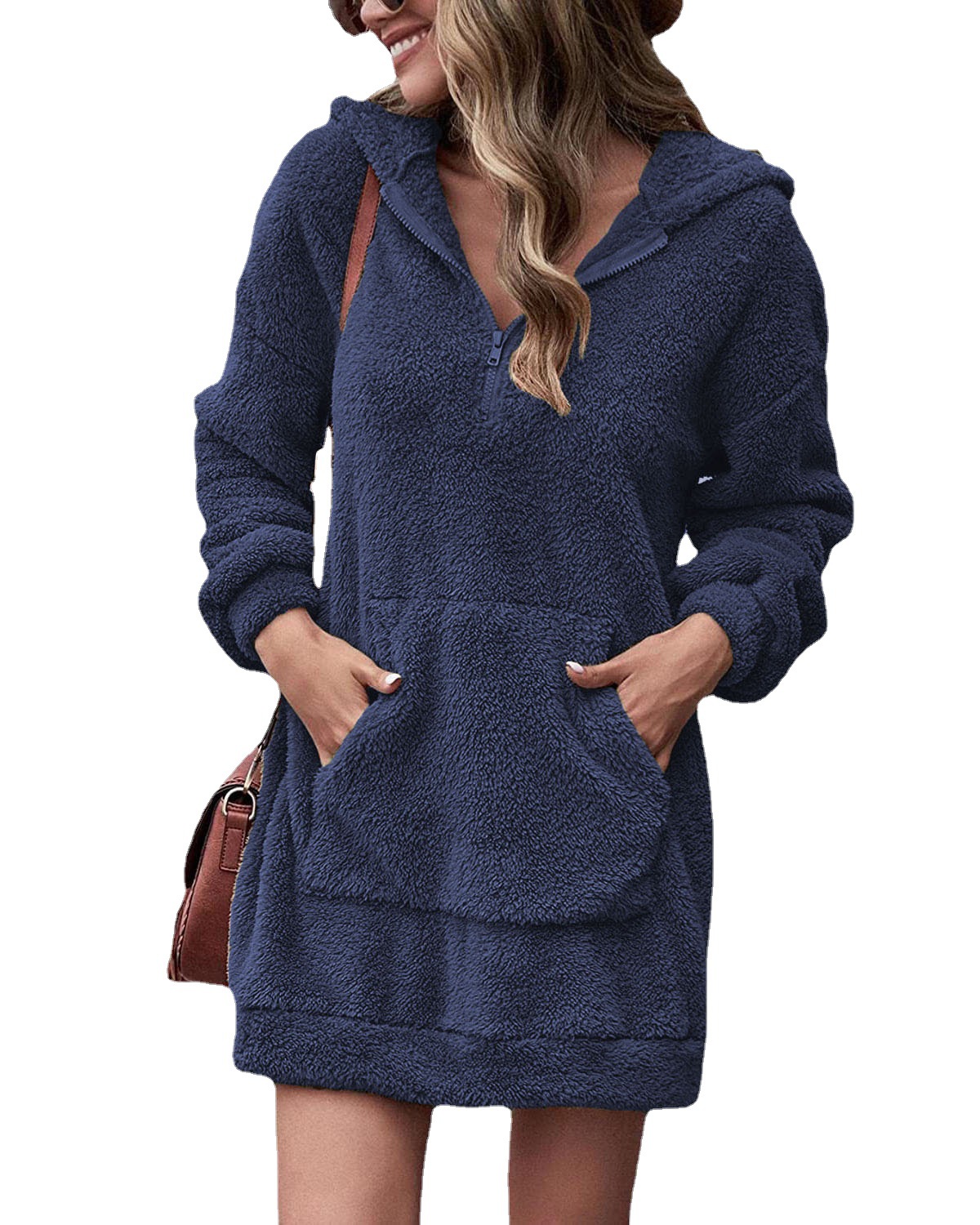 2022 new European and American cross-border autumn and winter women's clothing double-sided fleece hooded loose zipper plush pocket sweater jacket - Image 2