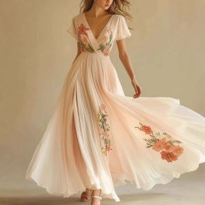2025 European and American Women's Clothing, Amazon Independent Website, V-neck, Short-sleeved, Digital Print, Positioning, Dress/Long Skirt
