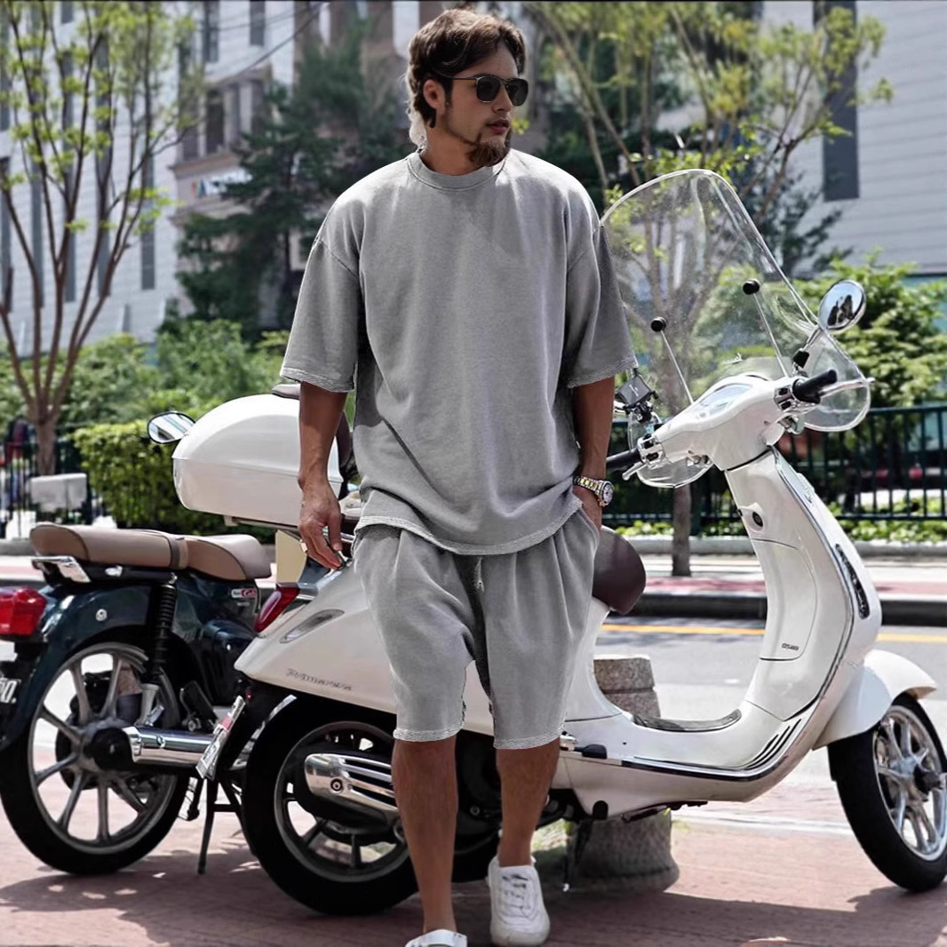 2025 Export Hot Selling Summer Solid Color Sports Suit Casual Loose Short-Sleeve Shorts European and American Trendy Fashion Men's Clothing - Image 3