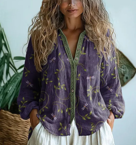 (Linen-like) 2025 European and American style women's casual floral print blouse, daisy print blouse, 3D printed blouse - Image 8