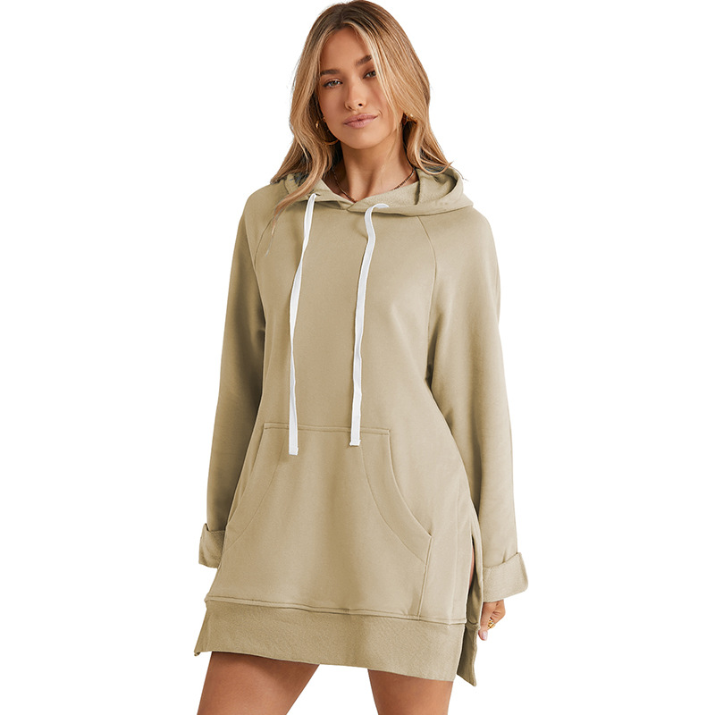 European and American fashion women's autumn and winter new solid color drawstring hooded sweatshirt women's mid-length loose slit top for women