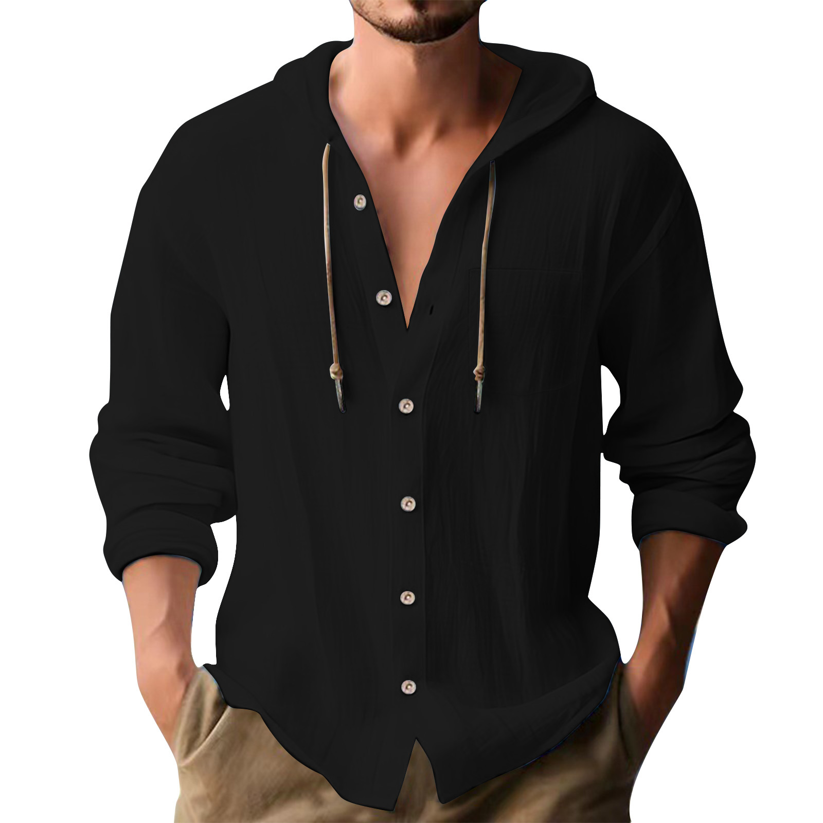 Cross-border European and American 2025 New Hot Selling Sports Trendy Hooded T-shirt Solid Color Cotton Linen Casual Long Sleeve Men's Shirt - Image 11