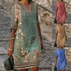 Women's Ethnic-Print V-Neck Dress