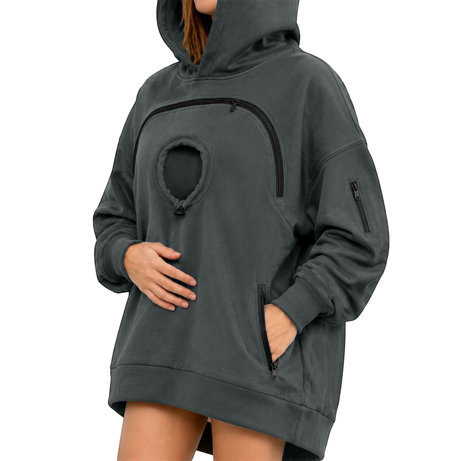 Cross-border women's hooded sweatshirt with pet cat pocket, casual style, long-sleeved hooded fleece-lined top with zipper. - Image 4