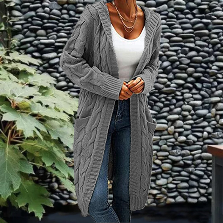 New cross-border e-commerce product, European and American foreign trade, Amazon, solid color loose knitted cardigan, chunky cable knit mid-length sweater coat for women. - Image 20