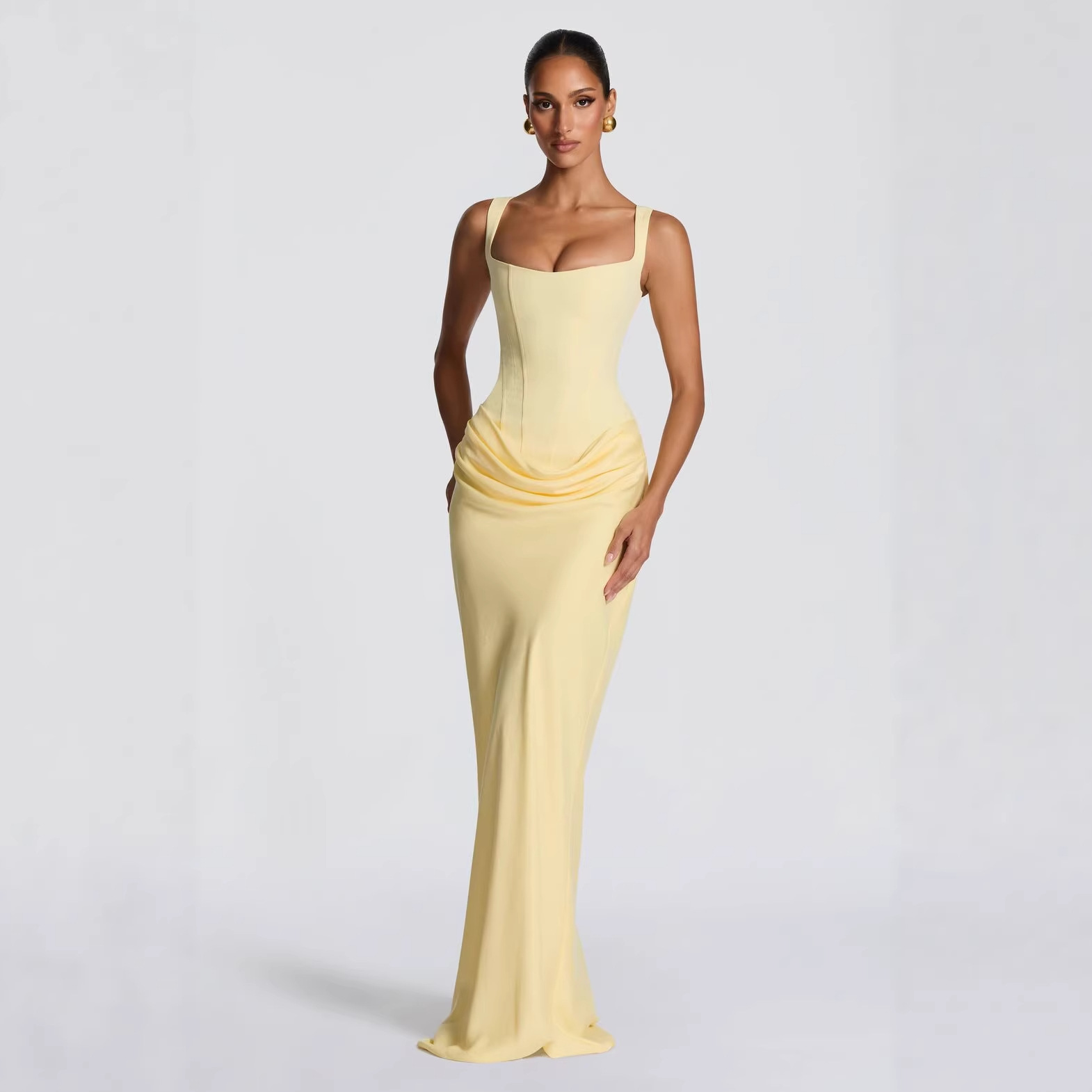 European and American style women's casual long-sleeved slim-fit herringbone pure and sexy suspender long dress slim solid color hip-hugging dress - Image 4