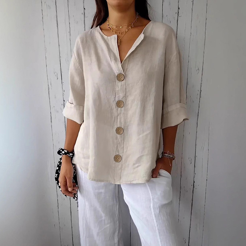 Amazon 2025 Cross-border European and American Summer New Style Foreign Trade Loose-fitting V-neck Cotton Linen Button T-shirt Top - Image 10