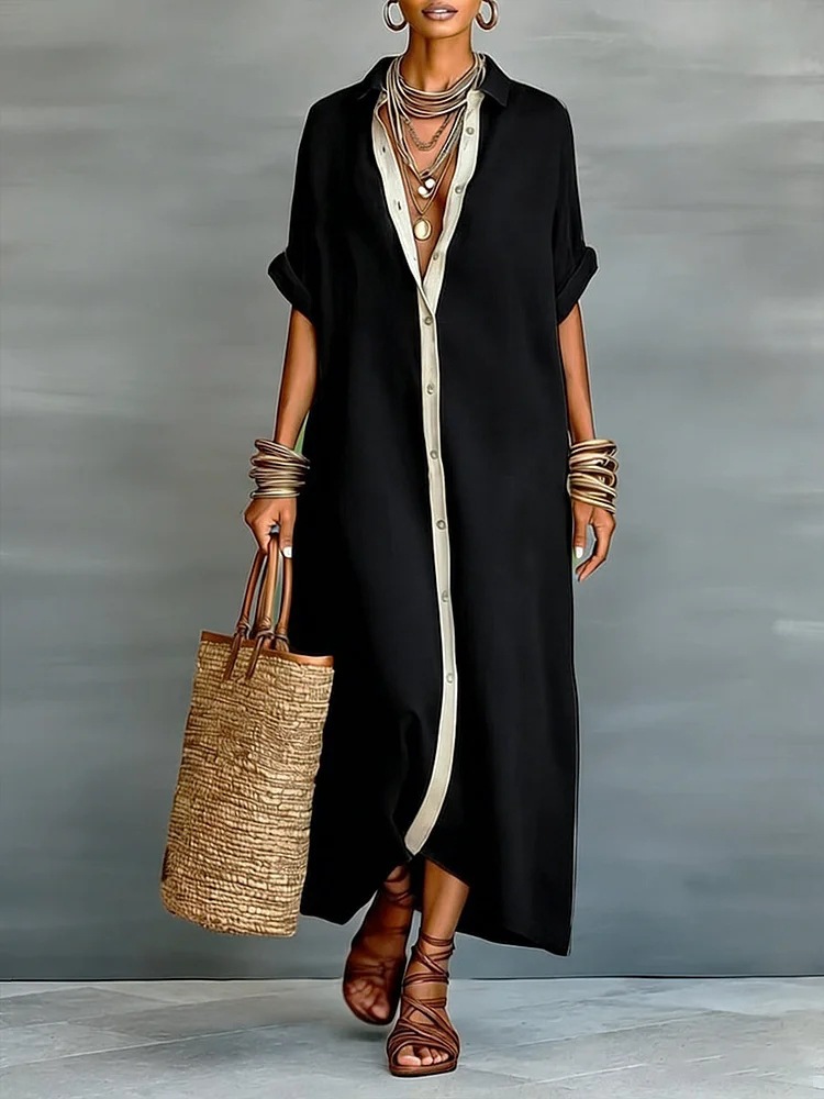 2026 European and American Spring New Arrival Amazon Spring Cross-border Women's Color Block Cotton Linen Shirt Dress - Image 10