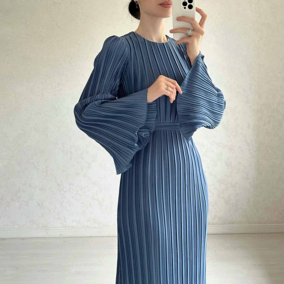 Amazon European and American clothing 2023 new autumn long skirt temperament pleated bell sleeve mid-length dress - Image 8