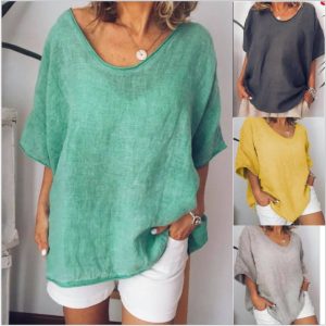 Cross-border e-commerce 2025 Amazon Europe and America Summer New Solid Color Loose Short Sleeve Casual Cotton Linen T-shirt