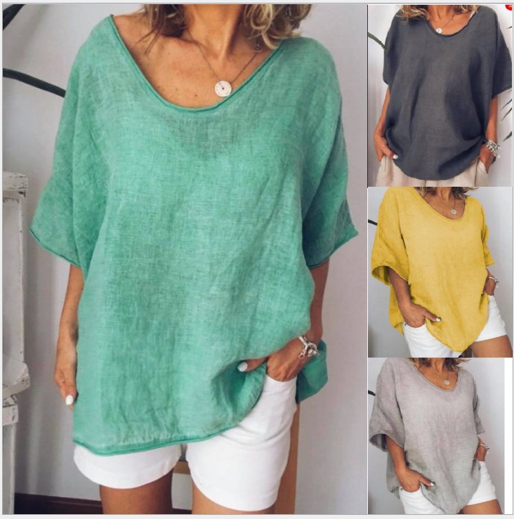 Cross-border e-commerce 2025 Amazon Europe and America Summer New Solid Color Loose Short Sleeve Casual Cotton Linen T-shirt