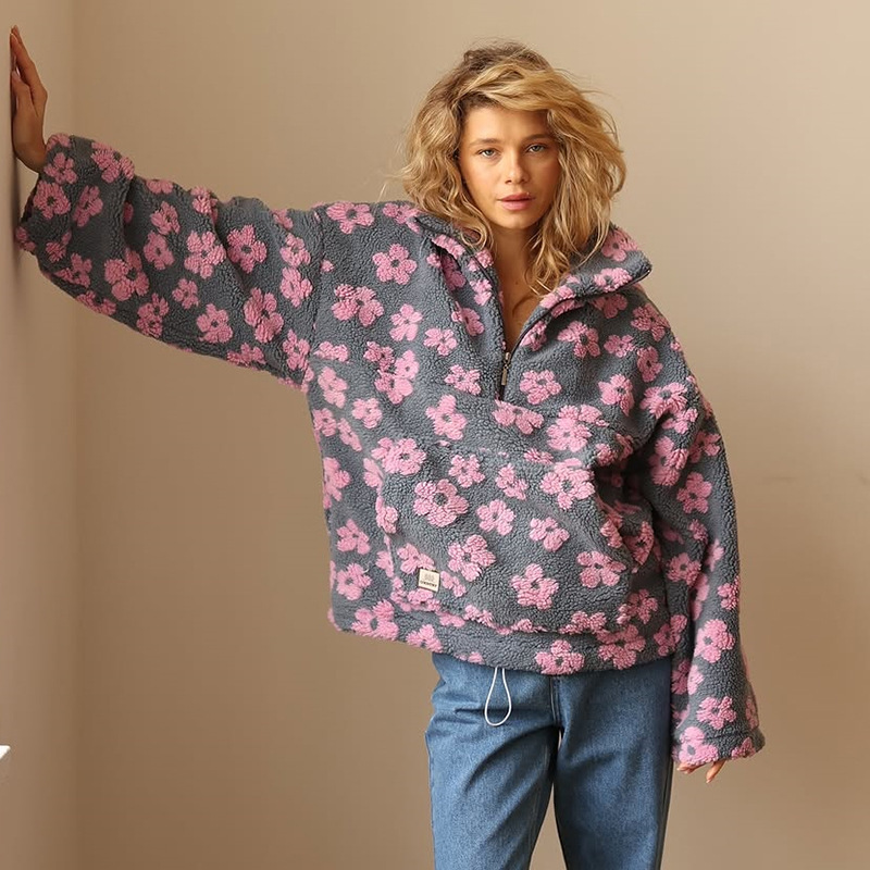 European and American cross-border women's clothing 2025 autumn new fashion faux lamb wool print loose zip-up sweatshirt long sleeve top - Image 8