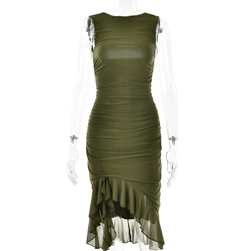 European and American cross-border 2023 new fashion mesh tight backless irregular pleated dress summer women's wholesale - Image 9