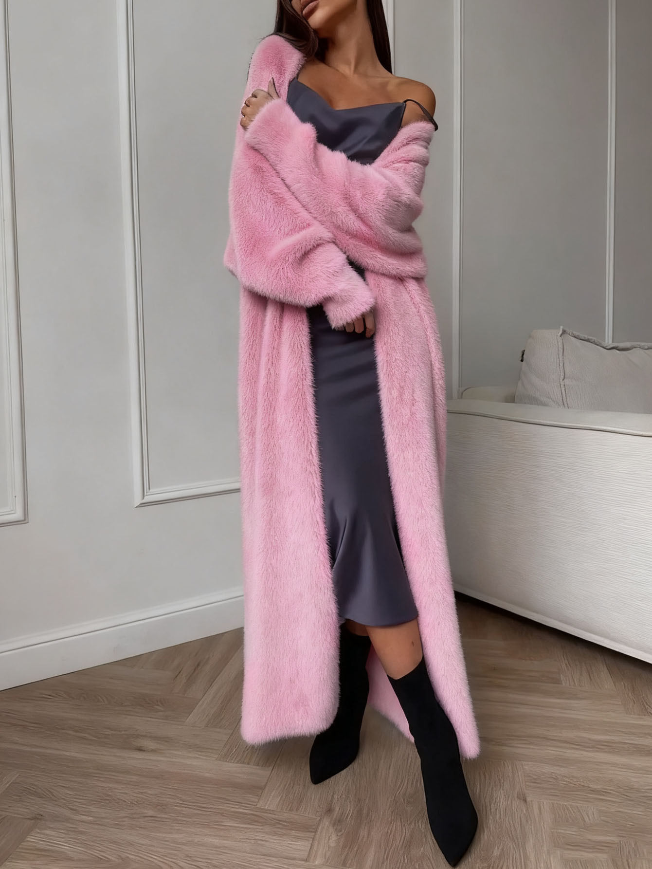 Cross-border faux mink white knitted cardigan coat for women, autumn and winter loose-fitting fluffy long cardigan - Image 8