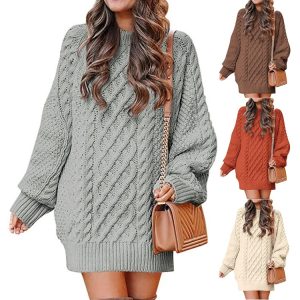 New cross-border e-commerce platform (AliExpress, eBay) - Women's loose-fitting, high-neck, chunky knit pullover sweater, plus size, solid color.