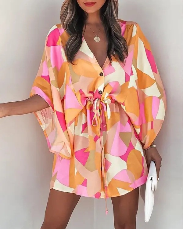 2023 Cross-border European and American Summer Flutter Sleeve A-line Dress Wish Amazon V-neck Tie-up Casual Vacation Short Dress - Image 9