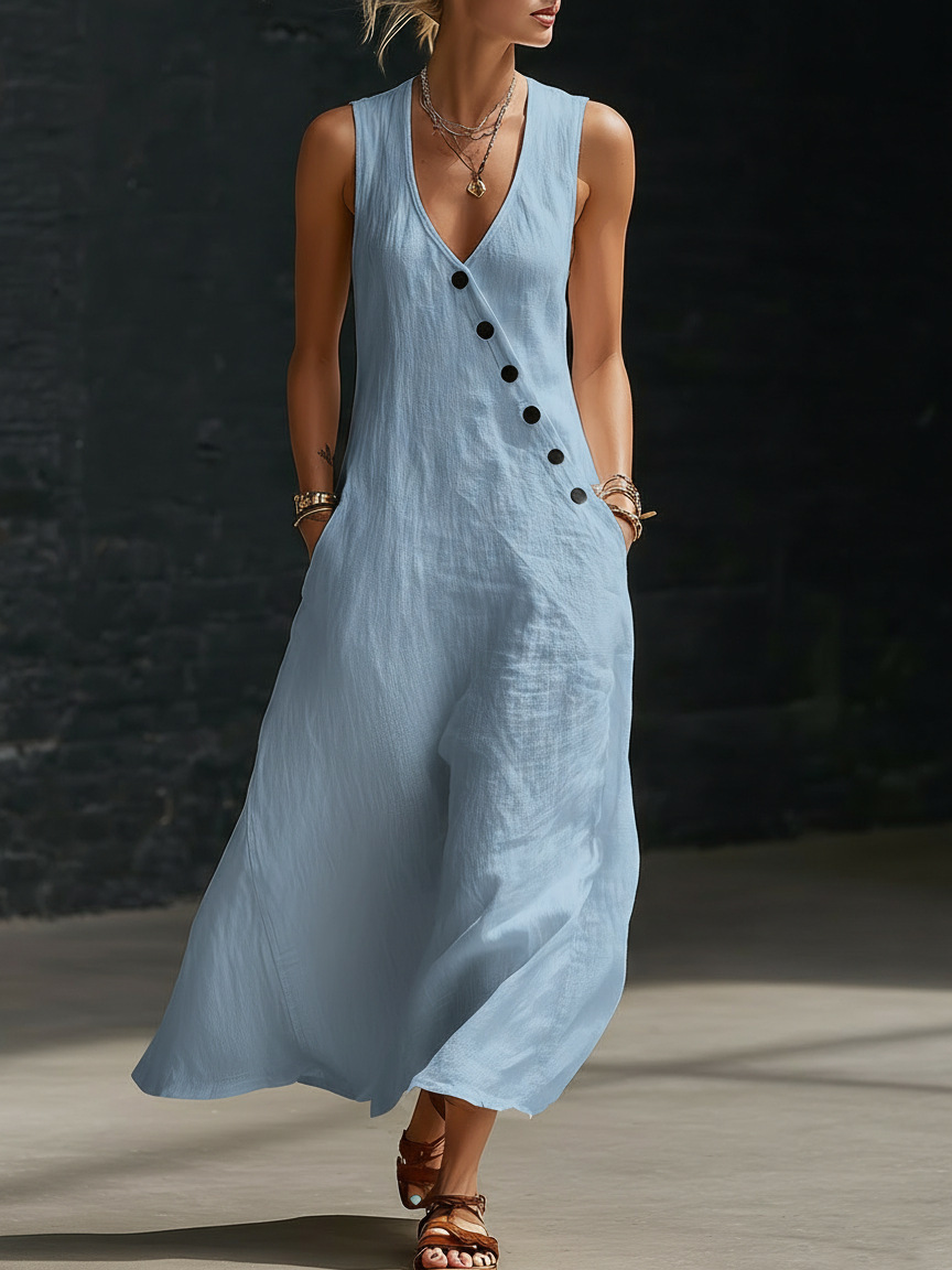 In stock Amazon summer cross-border V-neck sleeveless diagonal button vest dress long women's vacation casual dress - Image 20