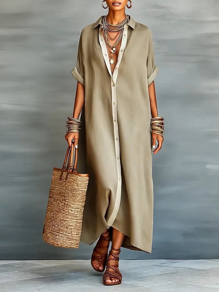 2026 European and American Spring New Arrival Amazon Spring Cross-border Women's Color Block Cotton Linen Shirt Dress - Image 8