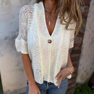 2026 New European and American Style Women's Spring and Autumn Single-Button Mid-Sleeve Hollow-Out Knit Cardigan Top for Foreign Trade Independent Websites