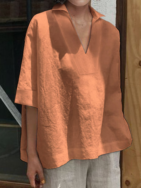 2026 Spring/Summer Amazon European and American Cross-Border V-Neck Cotton Linen Versatile Solid Color Plus Size Loose Mid-Sleeve Women's Shirt - Image 11
