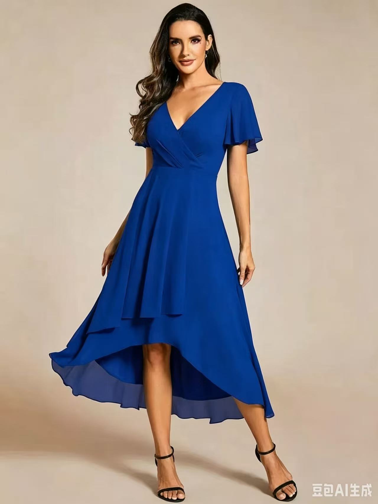 2025 Hot Selling New European and American Cross-border Summer Solid Color V-neck Ruffle Sleeve Chiffon Elegant Party Dress - Image 12