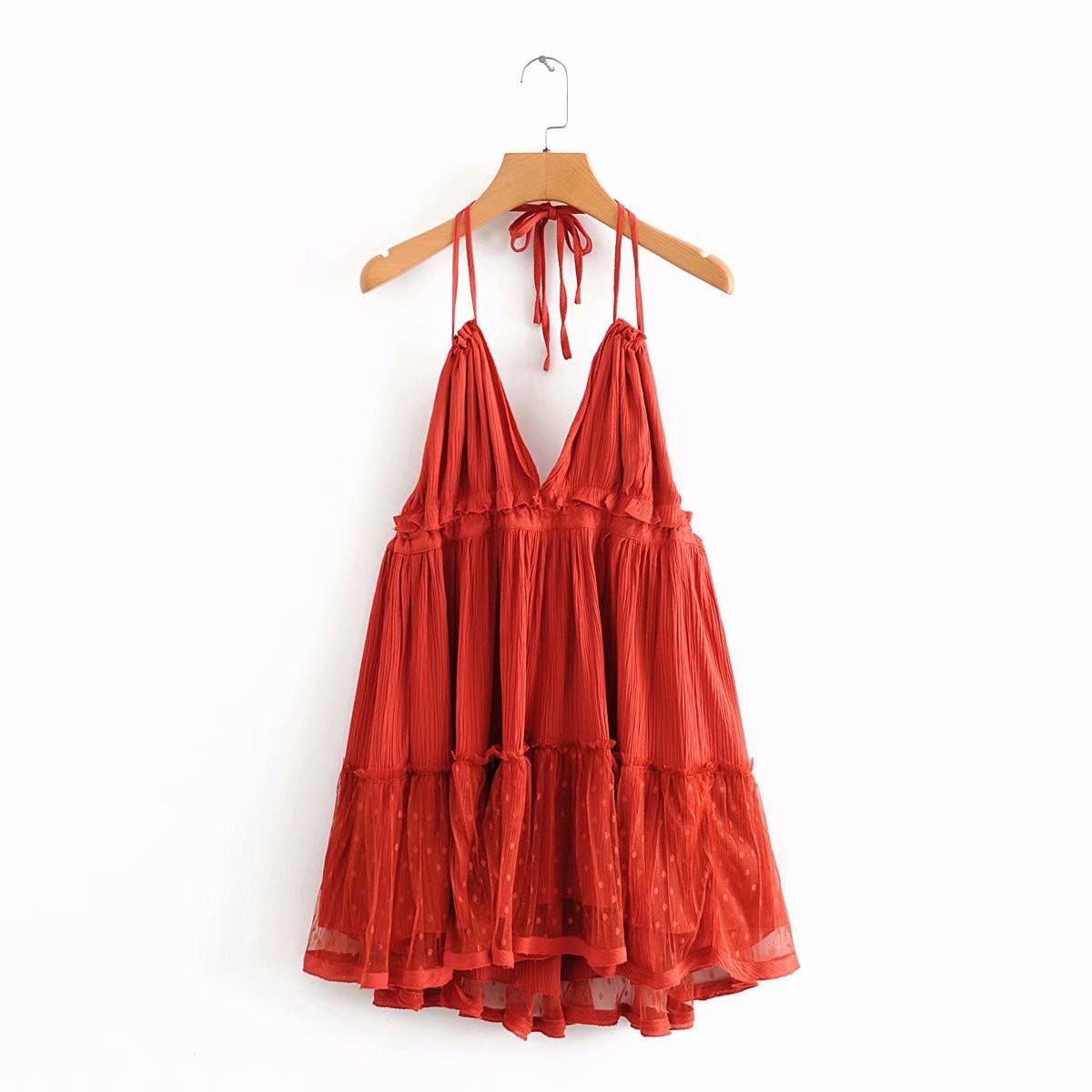 Foreign Trade 2022 Summer New European and American V-neck Waist Slim Hem Mesh Stitching Backless Suspender Dress Women - Image 12