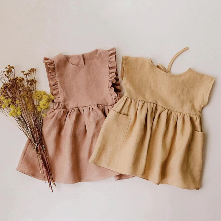 Girls summer dress cotton and linen sleeveless tank top ins popular solid color belly skirt baby clothes girls skirt - Image 5