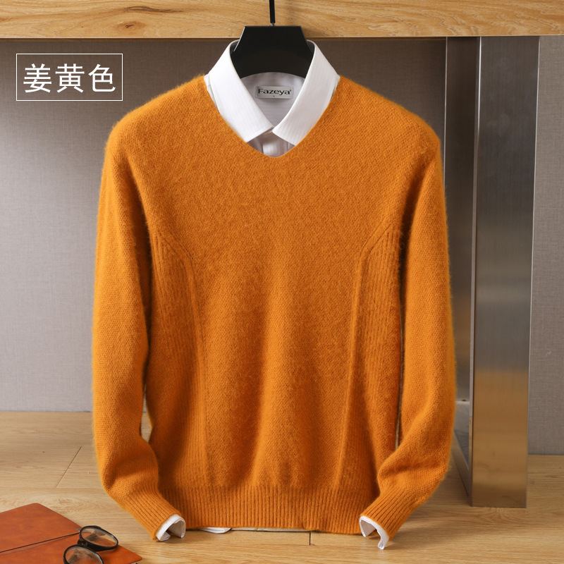 Autumn and winter new men's V-neck loose pullover solid color mink velvet base sweater knitted sweater inner top wool sweater - Image 10