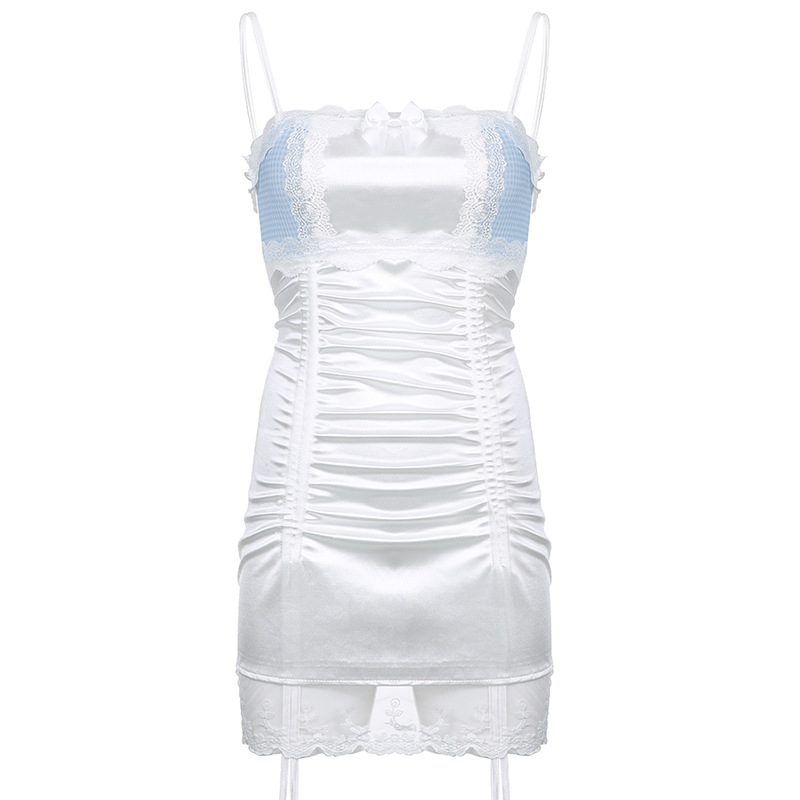 2021 autumn and winter new cross-border European and American women's clothing sweet age-reducing lace drawstring sling stitching dress - Image 3