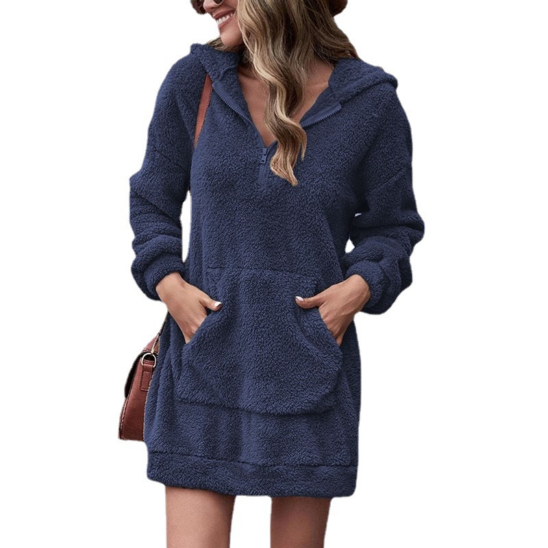 2023 new European and American cross-border autumn and winter women's clothing double-sided fleece hooded loose zipper plush pocket sweater jacket - Image 4