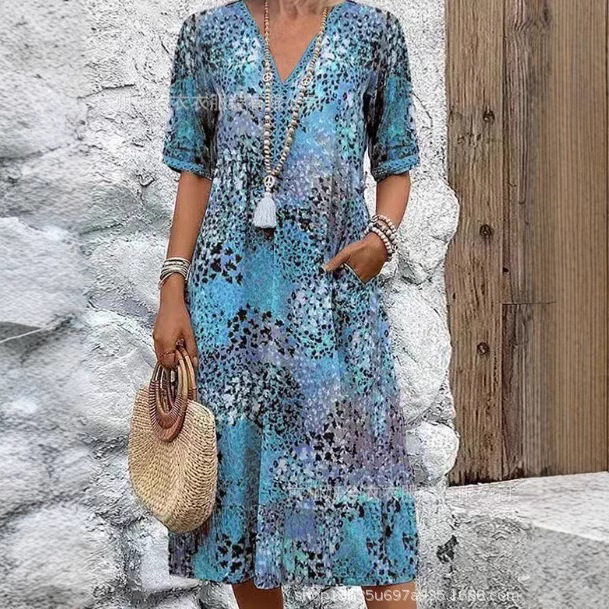 2025 European and American Fashion Cross-border New Casual Vacation Long Dress with Pockets and Lace Trim V-neck Short Sleeve Dress for Women - Image 5