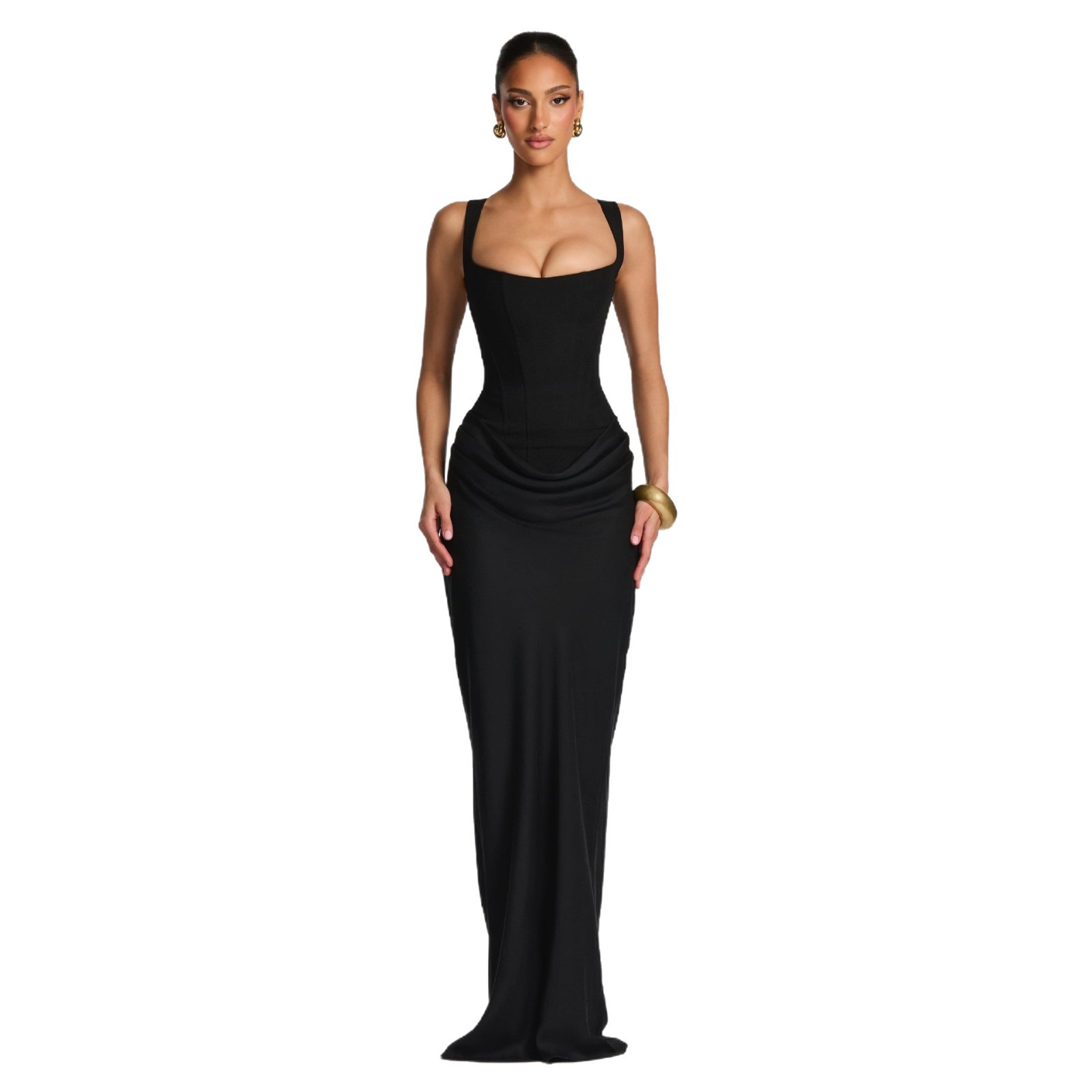 European and American style women's casual long-sleeved slim-fit herringbone pure and sexy suspender long dress slim solid color hip-hugging dress - Image 5