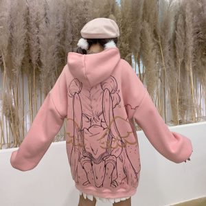 2021 Autumn and Winter Trend ins Harajuku Pink Girl Cartoon Anime Print Loose Plush Hooded Sweatshirt Women