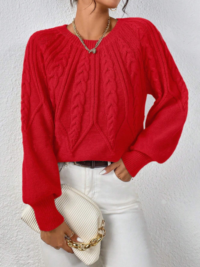Amazon pullover crew neck knit sweater, cross-border foreign trade, long-sleeved cable knit solid color autumn and winter versatile knit top for women - Image 27