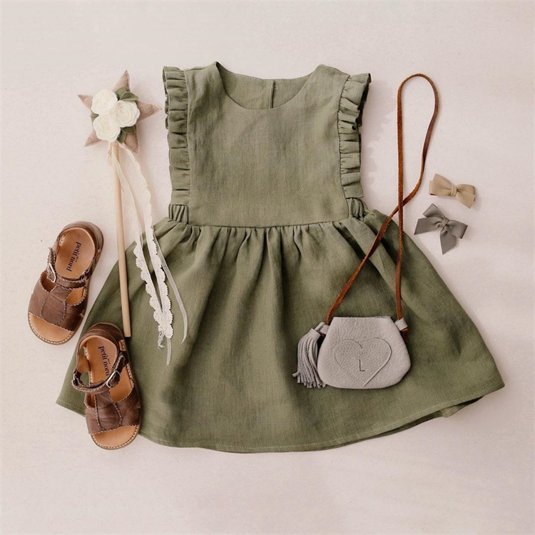 Girls summer dress cotton and linen sleeveless tank top ins popular solid color belly skirt baby clothes girls skirt - Image 3
