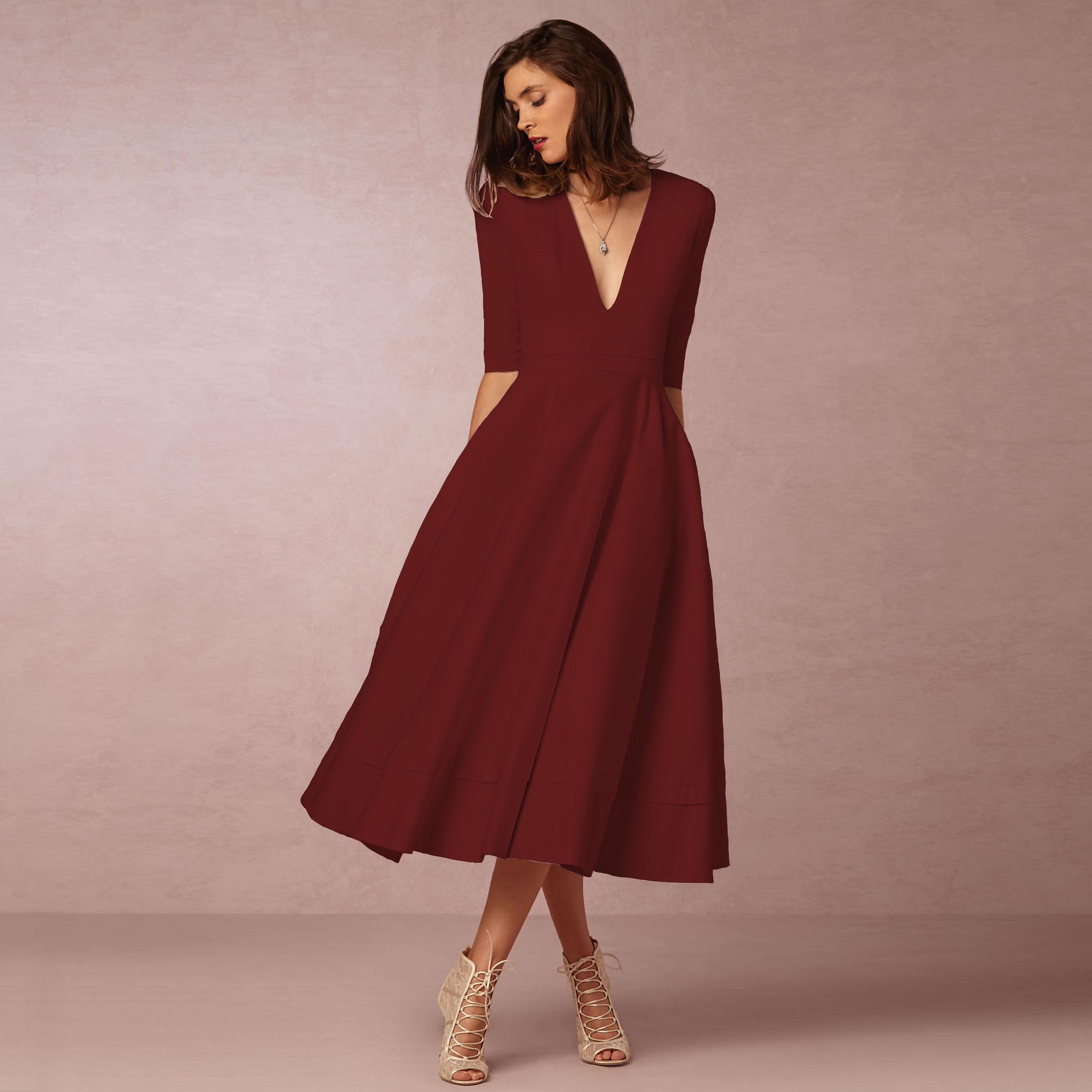 2023 new European and American foreign trade women's evening dress Amazon hot style sexy deep V mid-sleeve swing dress - Image 10