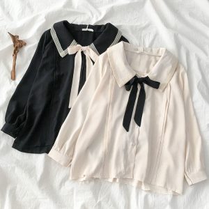 Large size niche design single-breasted top autumn new Korean version net red fat mm tie bow shirt trend