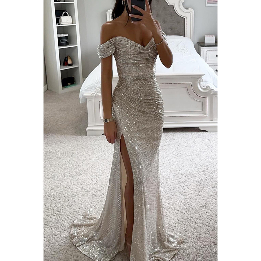 Cross-border 2025 European and American new style party sequined off-shoulder slit dress, INS casual fashion dress for women. - Image 7