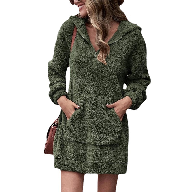 2023 new European and American cross-border autumn and winter women's clothing double-sided fleece hooded loose zipper plush pocket sweater jacket - Image 7