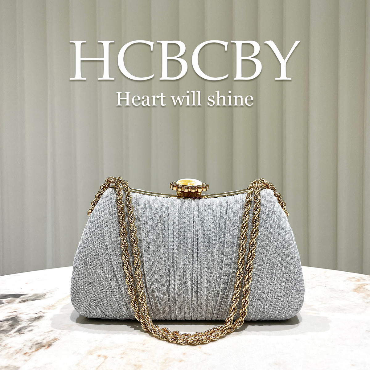 Gold glitter pleated chain decoration handbag evening bag women's fashionable and elegant handbag evening bag - Image 2