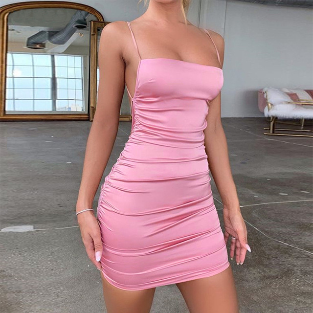 2021 European station cross-border satin new solid color suspenders sexy backless strappy hip dress evening dress - Image 3