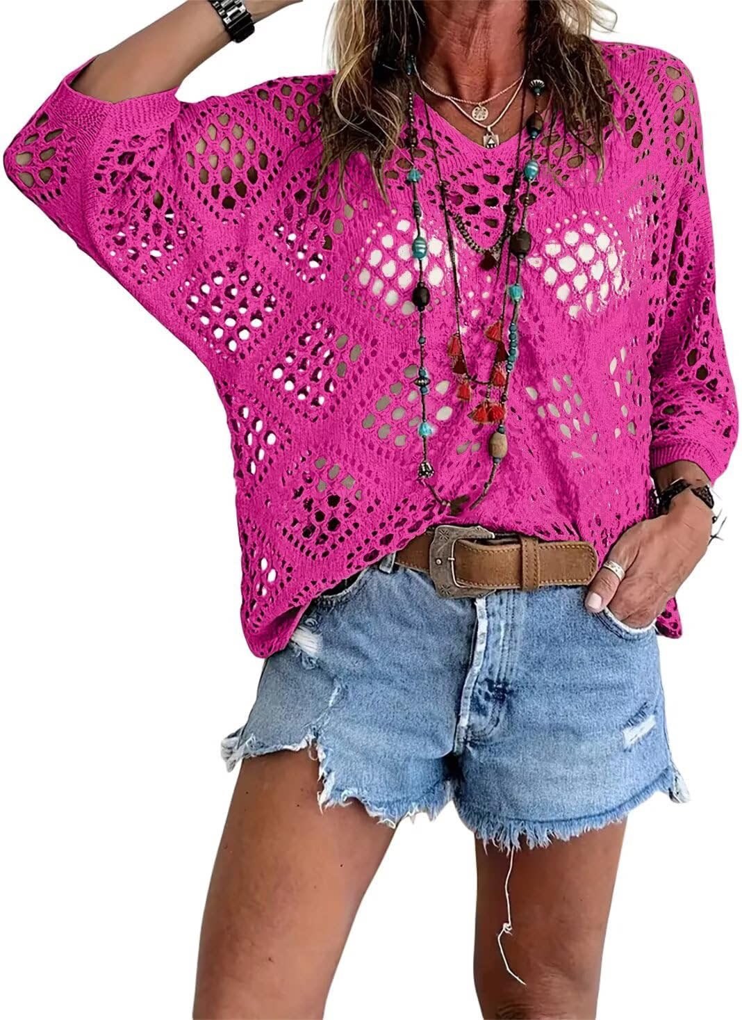 Cross-border e-commerce, Europe and America, Amazon Spring/Summer V-neck diamond-patterned openwork batwing sleeve women's sweater cover-up knitwear - Image 19