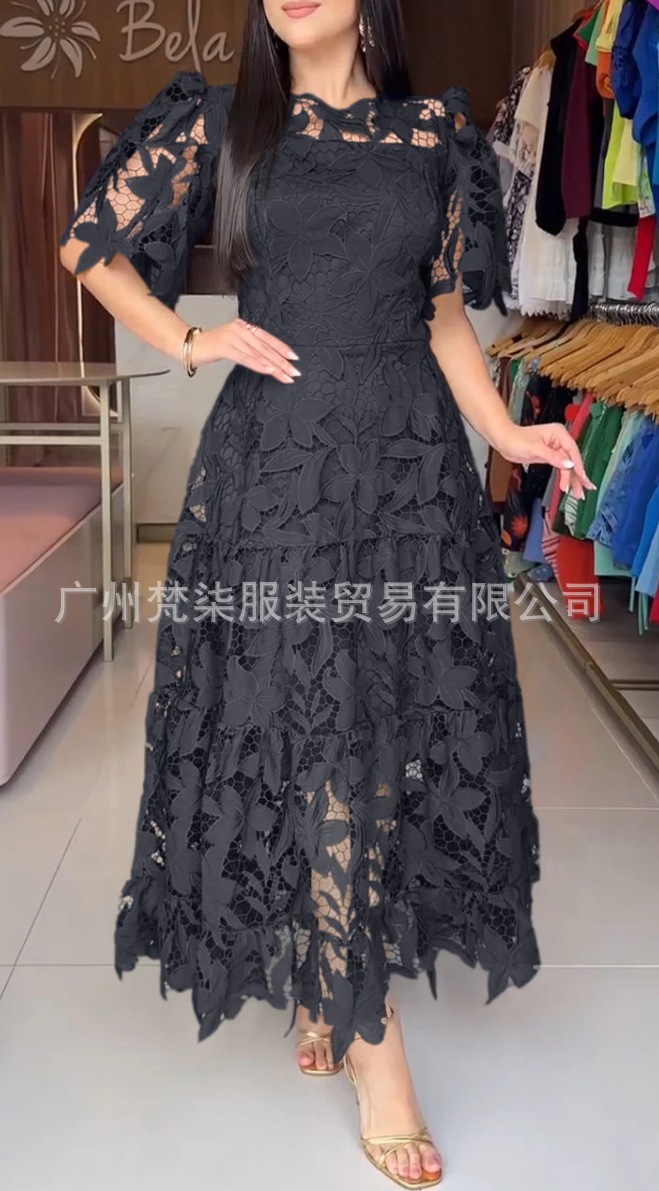 European and American cross-border e-commerce, 2025 summer Amazon independent store, elegant and fashionable heavy-duty hollowed-out lace solid color dress. - Image 7