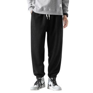 Guochao men's fleece straight-legged trousers middle-aged and young men's warm sports pants waffle thick elastic trousers tide