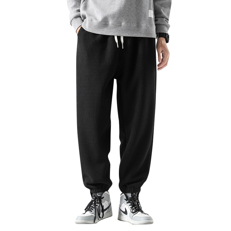 Guochao men's fleece straight-legged trousers middle-aged and young men's warm sports pants waffle thick elastic trousers tide