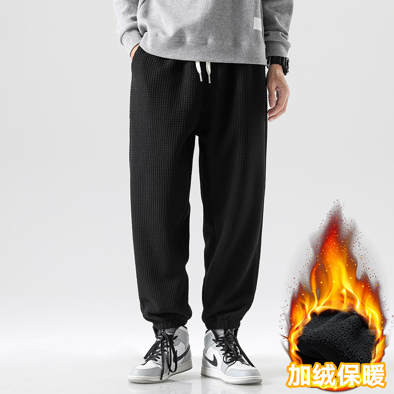 Guochao men's fleece straight-legged trousers middle-aged and young men's warm sports pants waffle thick elastic trousers tide - Image 3