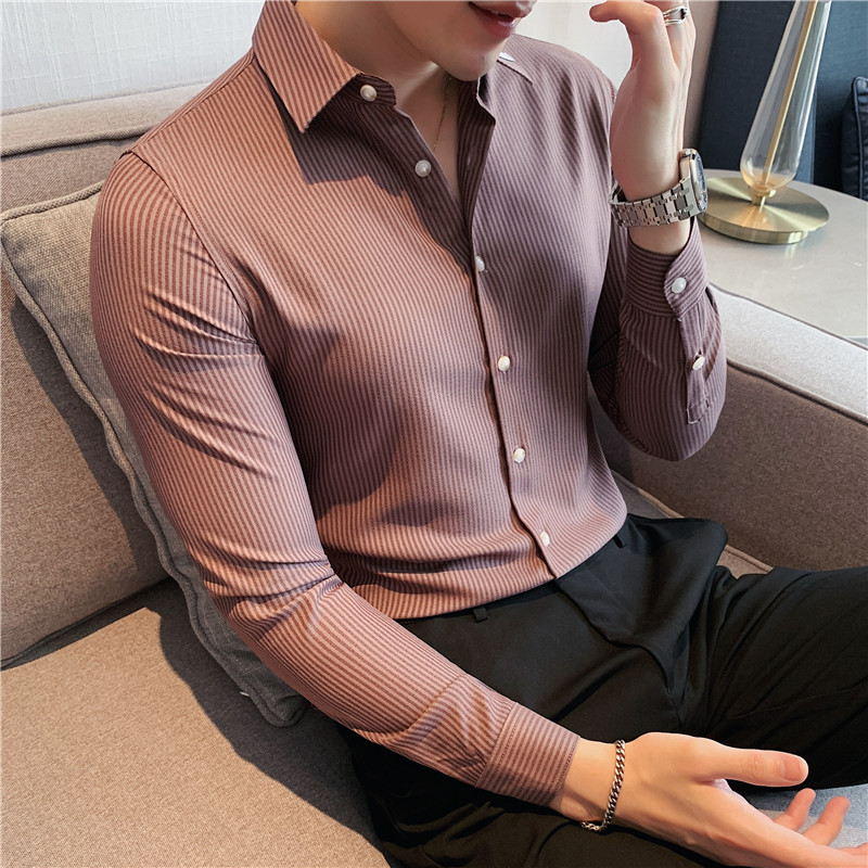 Spring new men's slim shirt collar ribbon shirt Korean style slim striped shirt men's casual shirt - Image 3