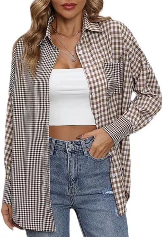 2023 Amazon women's spring and summer new cross-border European and American foreign trade ladies' fashion loose casual plaid shirt - Image 8